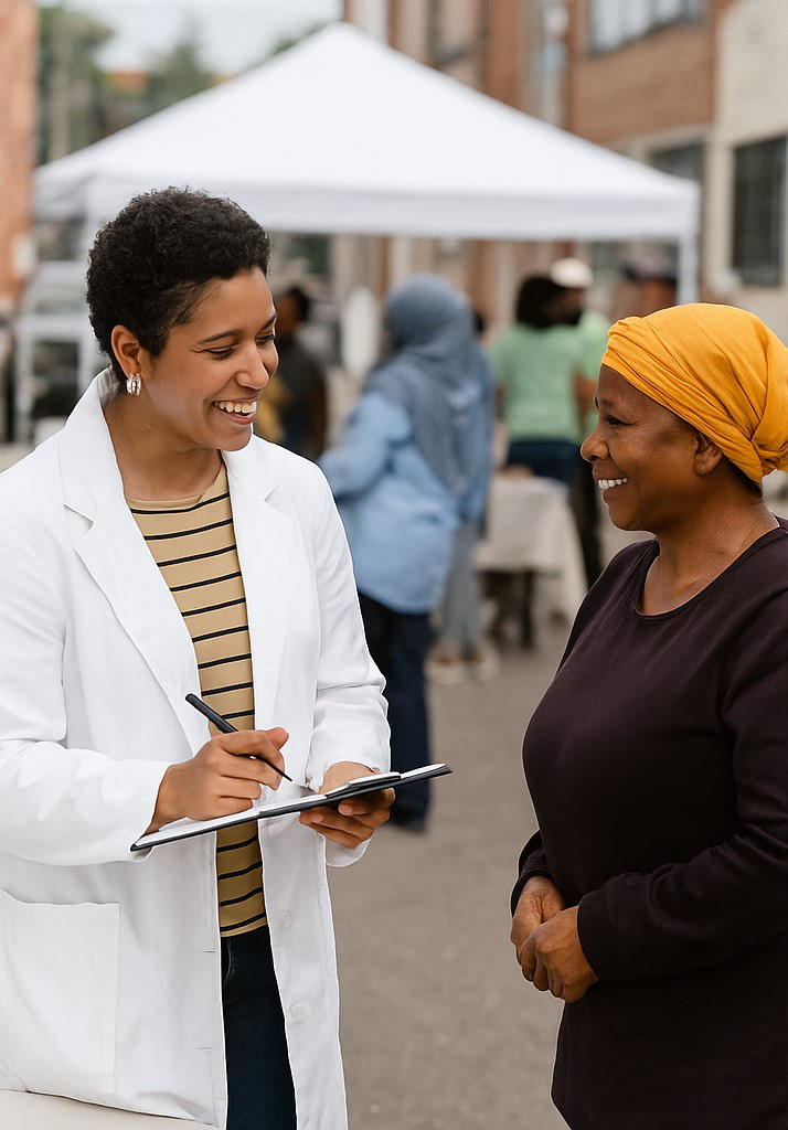 A split view of a community healthcare worker speaking with a woman during an outdoor event, and a doctor consulting a patient in a clinical setting
