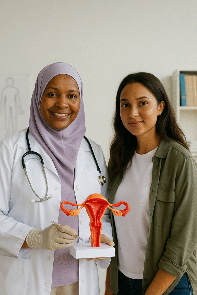 A smiling Muslim doctor in a white coat and lavender hijab holding an anatomical model, standing beside a young woman in a clinic setting